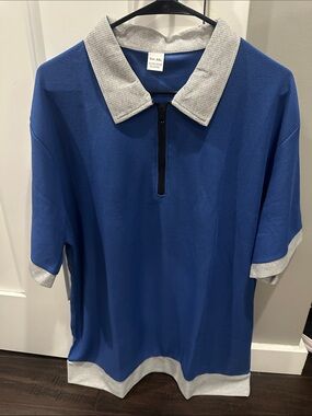 Men's Blue Half-Zip Polo with Light Gray Contrast Trim
